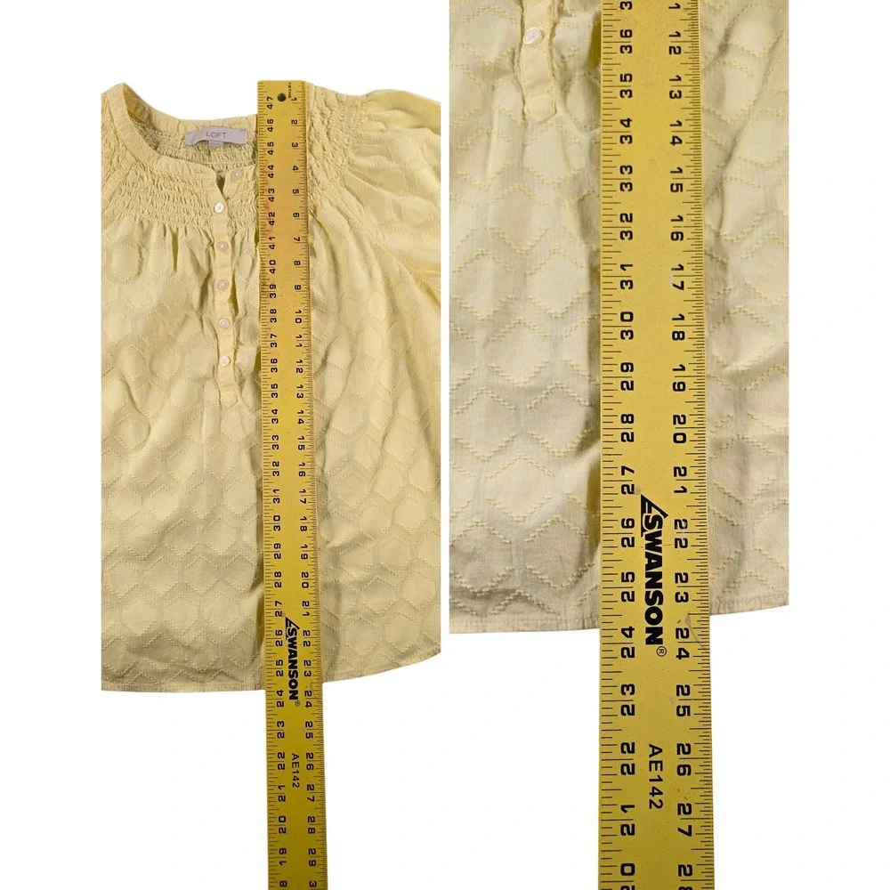 LOFT Textured Geometric 100% Cotton pastel yellow peasant blouse womens small